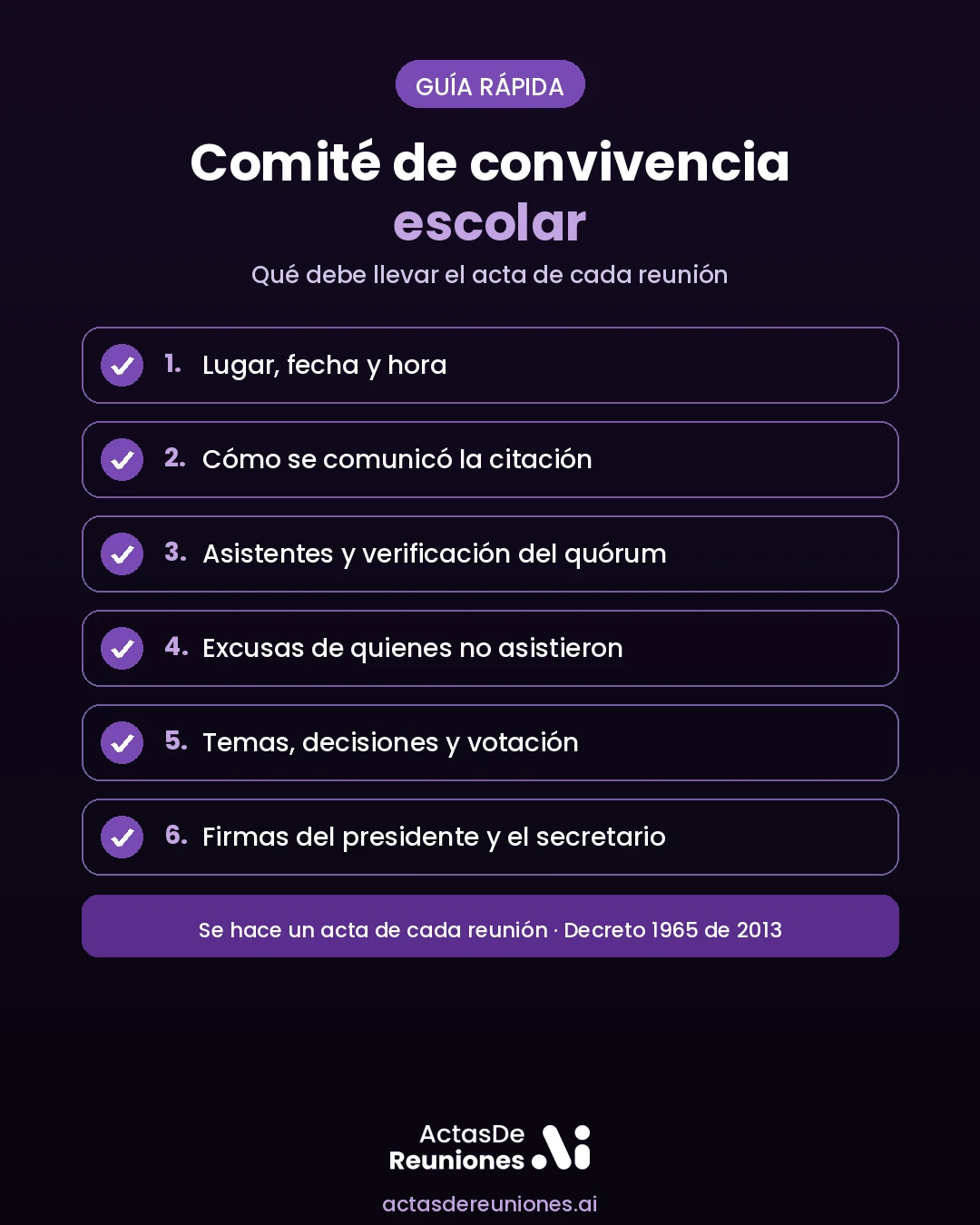 Qué debe llevar el acta de un comité de convivencia escolar: lugar y fecha, cómo se comunicó la citación, asistentes y quórum, excusas, temas y decisiones, y firmas